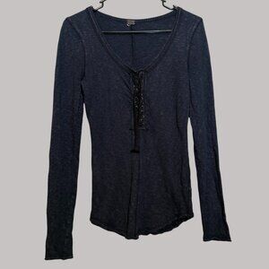 We the Free Free People Black Lace Up Henley Top Size Small CUT TAG
